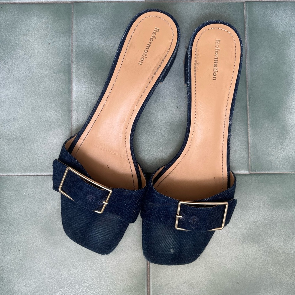 Reformation Navy Denim Buckle Slide Sandals - Women's